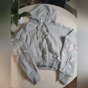 Gray Hooded Crop Zipup Sweatshirt with Pink Bow Tie Accents